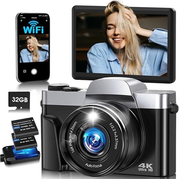 4K WiFi Camera with 64MP Flip Screen 32GB SD