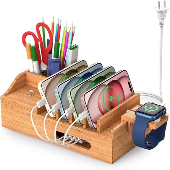 Bamboo Charging Station with 5 USB Ports and Cables