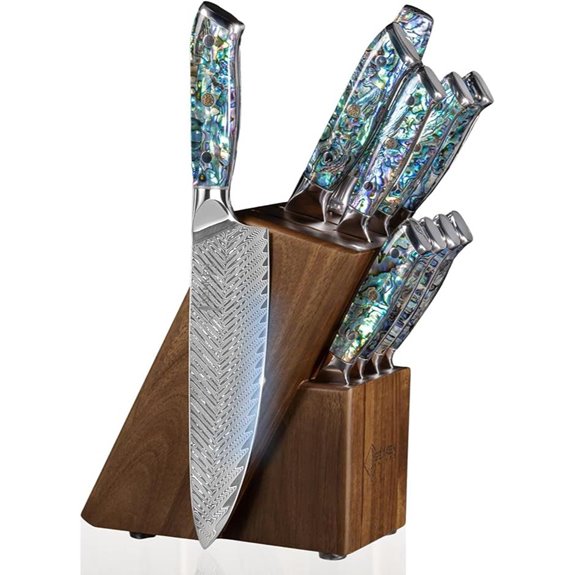 SENKEN Damascus Knife Block Set with Abalone Handles