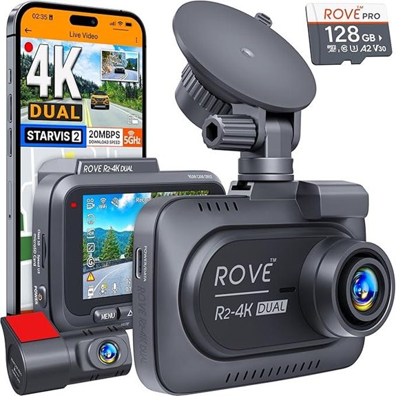 ROVE R2 4K Dual Dash Cam with 128GB Card